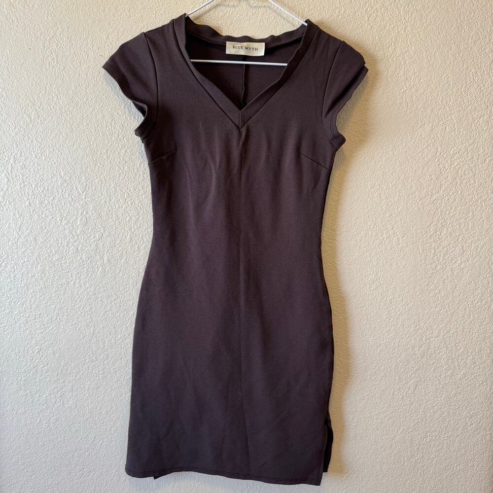 Blue Myth Brown Cap Sleeve V Neck Bodycon Mini Dress